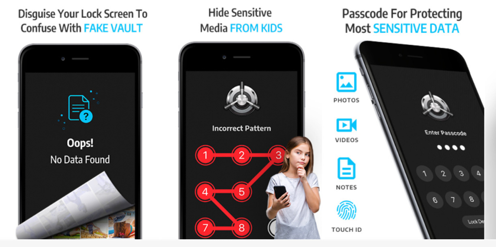  A screenshot of three mobile phones showing different apps to hide other apps on Android and iOS devices.