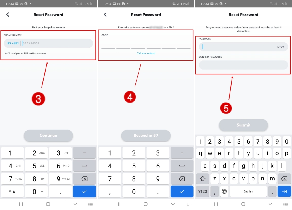 Reset Snapchat password