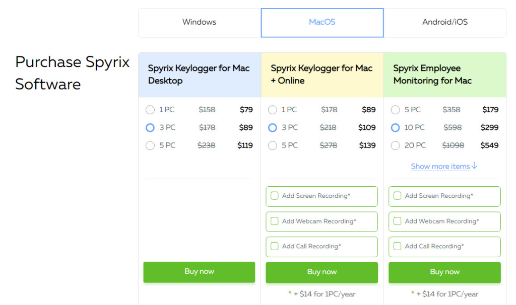 Spyrix MacOS pricing