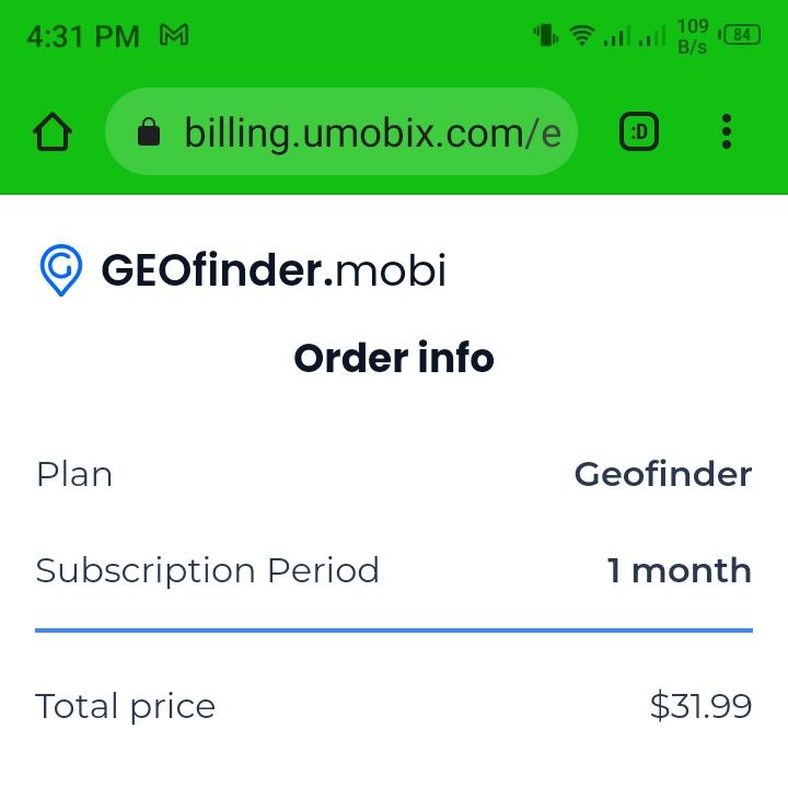 screenshot of Geofinder pricing and billing plan