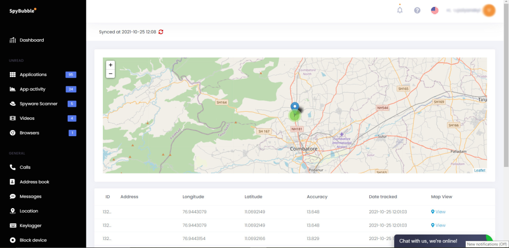 SpyBubble dashboard to track a SIM card details