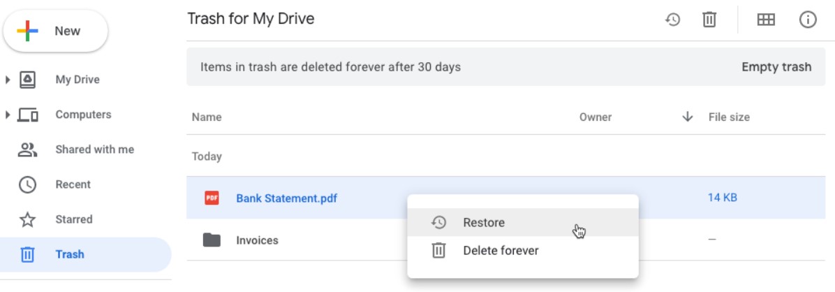Google Drive trash recovery